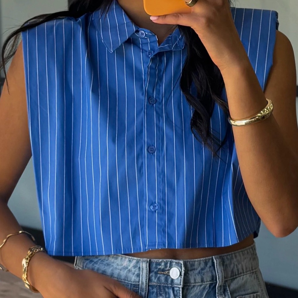 Day + Moon‎ Blue White Striped Button Padded Shoulder Sleeveless Crop Top S~NWT